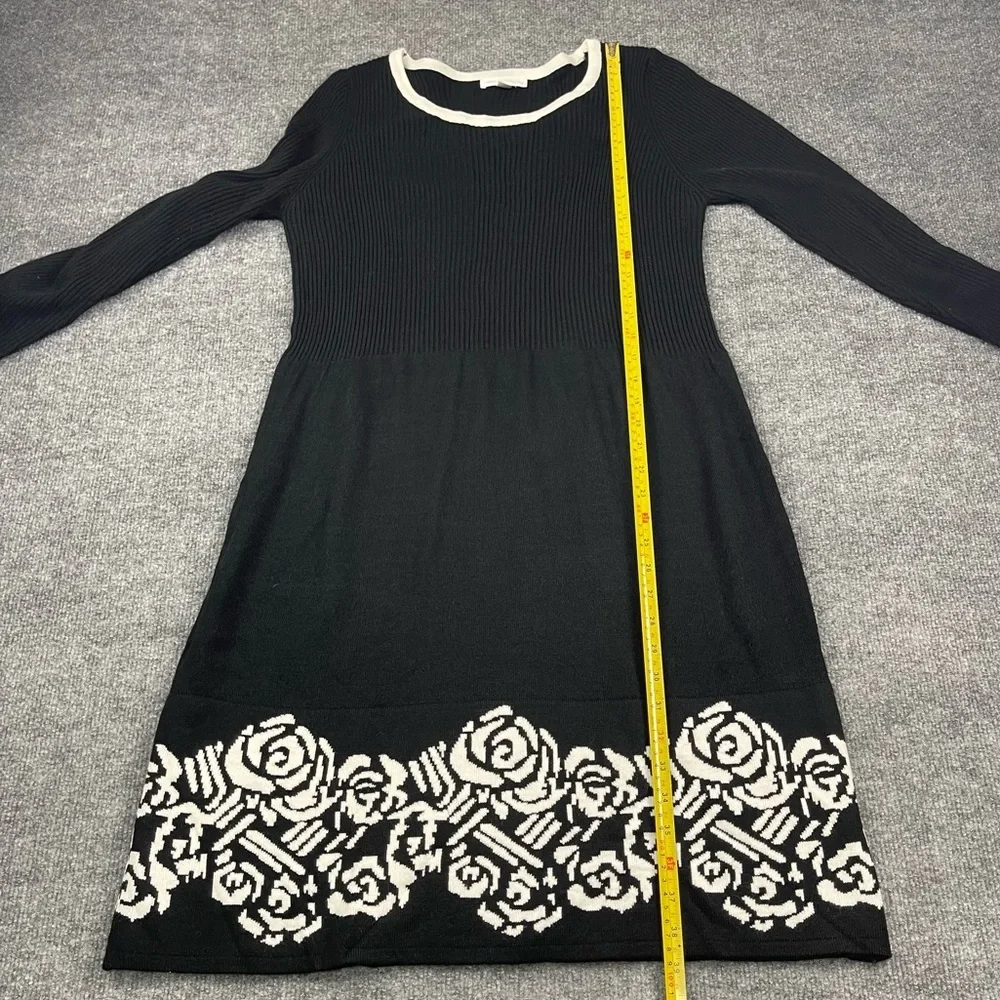 London Times Dress Womens Large Black White‎ Rose Ribbed Knit Sweater Acrylic